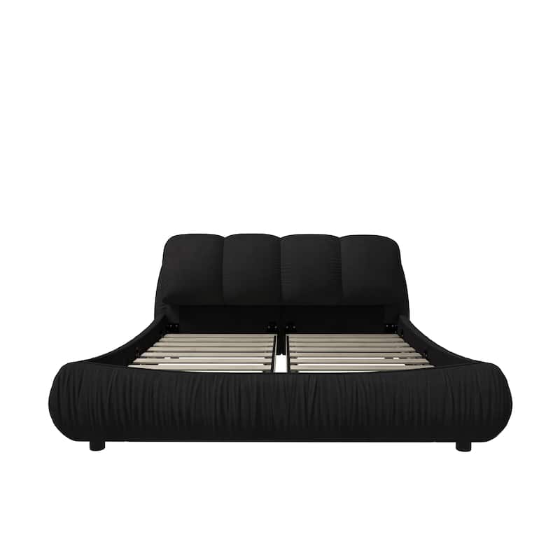 King Size Upholstered Bed Frame with Extra-Wide Cushioned Headboard, Solid Pine Slats & Adjustable Mattress Height