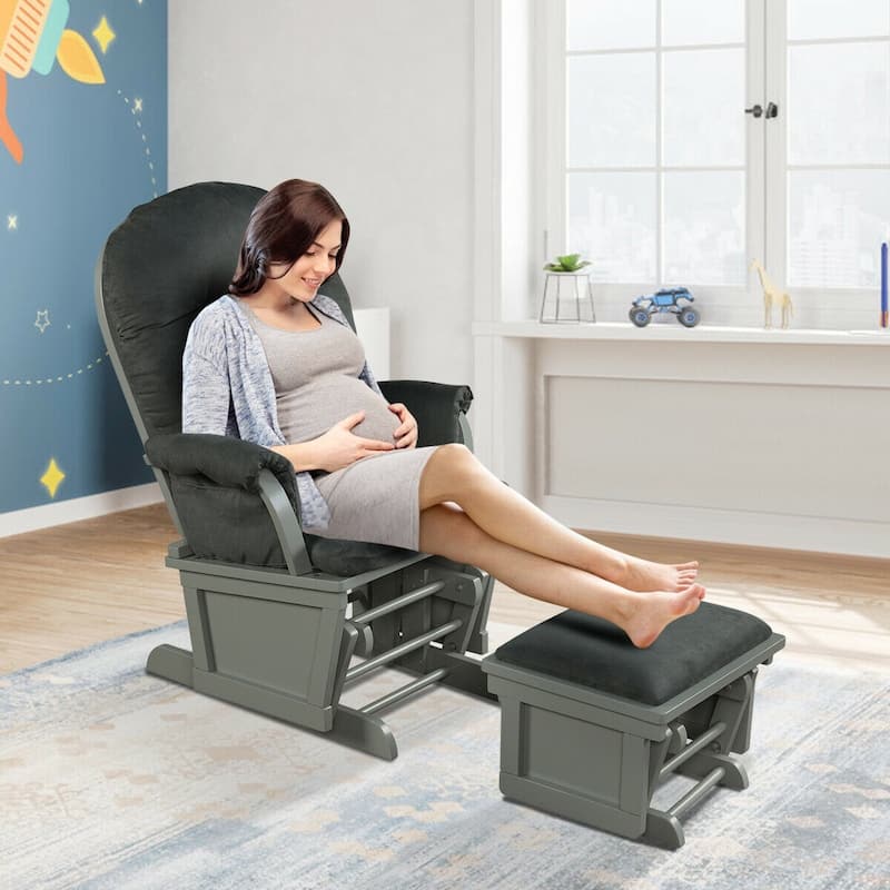 Wood Baby Glider and Ottoman Cushion Set with Padded Armrests for Nursing - 29.5" x 26" x 40"