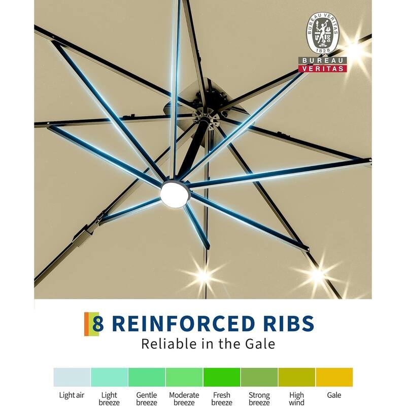 10x10Ft Square Solar LED Cantilever Umbrella , with Weighted Base