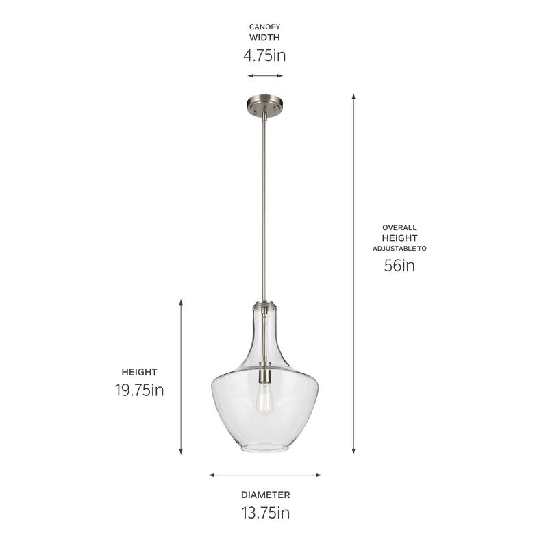 Kichler Lighting Everly 19.75 in. 1-Light Brushed Nickel Bell Pendant Light with Clear Glass