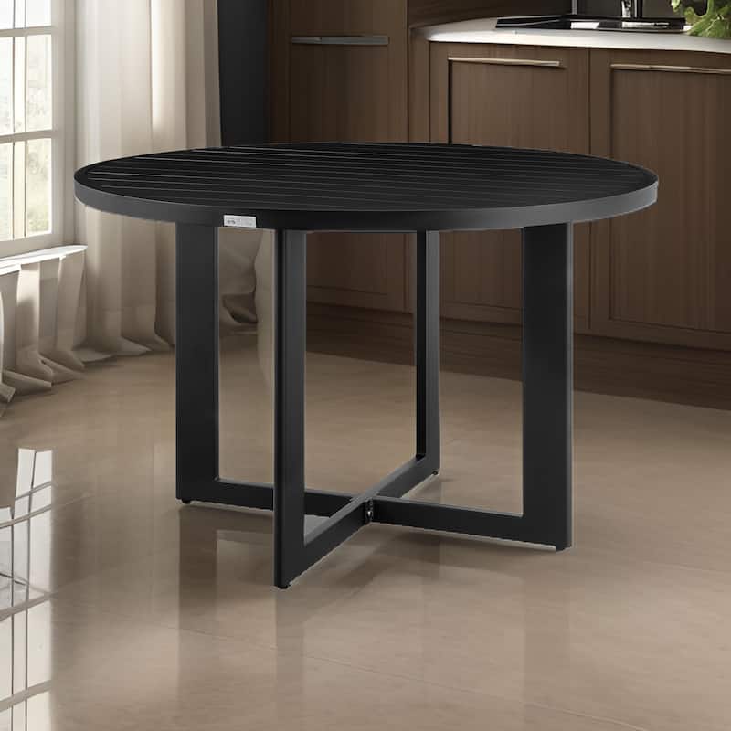 Ollie 48 Inch Patio Dining Table, Aluminum Frame and Round Tabletop, Black