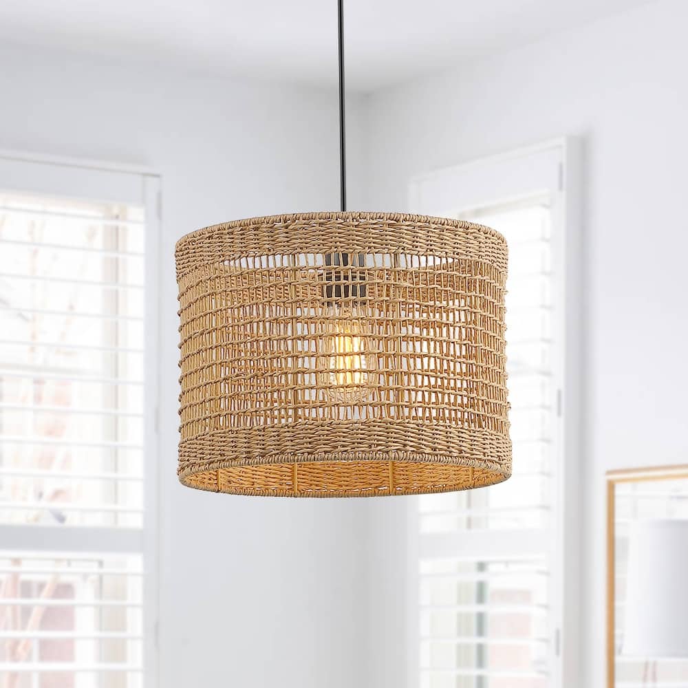 1-Light Bohemian Rattan Pendant Light - Black/Wheat - 13.8 in. W - 13.8 in. W