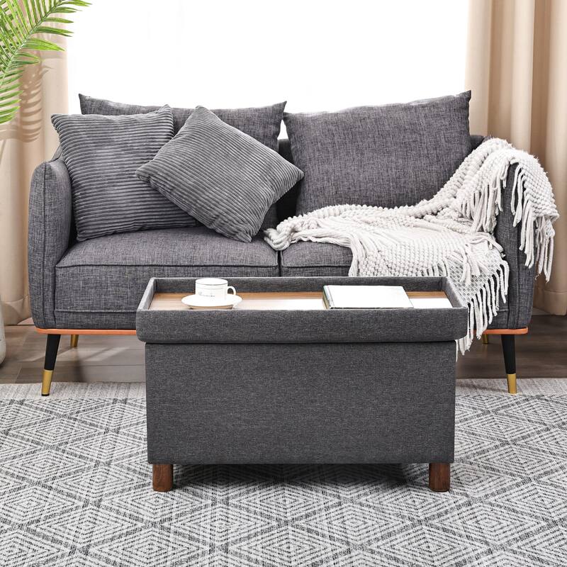 Adeco 30 Inches Storage Ottoman Bench for Living Room - Grey -with-Darkwood-Tray