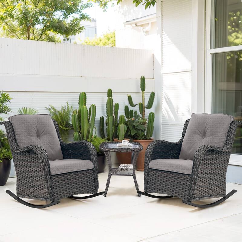 Pocassy Outdoor Rocking Chair Rocker Chairs Set - 3PCS Rocker Chair w/ Table - Brown Rattan Grey Cushion