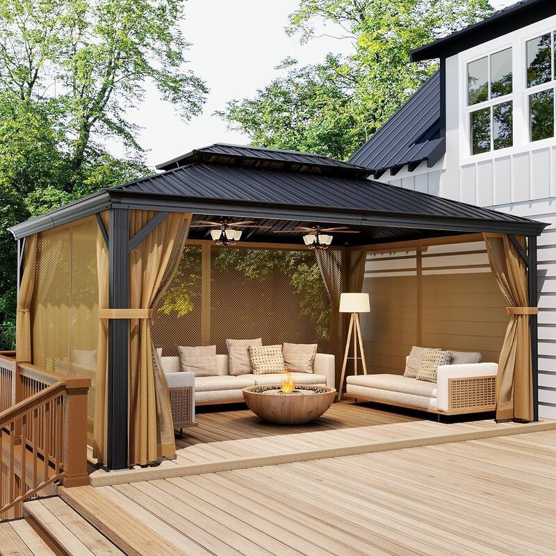COSIEST 10'x12'Hardtop Gazebo with Netting and Curtains