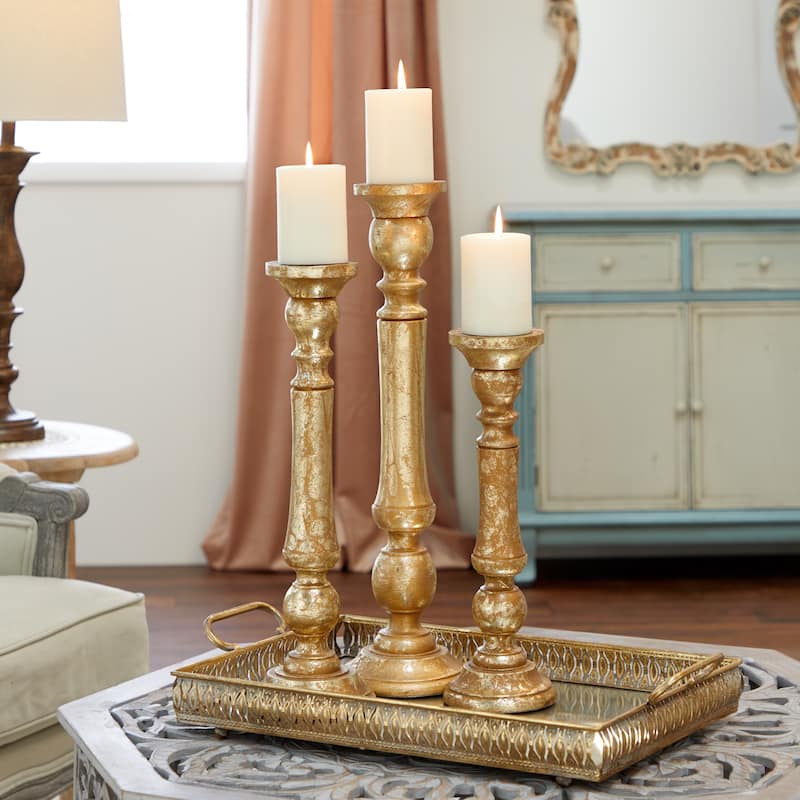 Mango Wood Candle Holder - Set of 3 Gold - Roche River Decor - 6"W x 6"L x 21"H