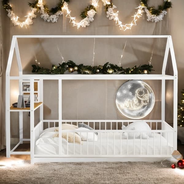 slide 2 of 32, Metal House Bed Frame with Functional Desk Power Outlets and USB Ports White - Full