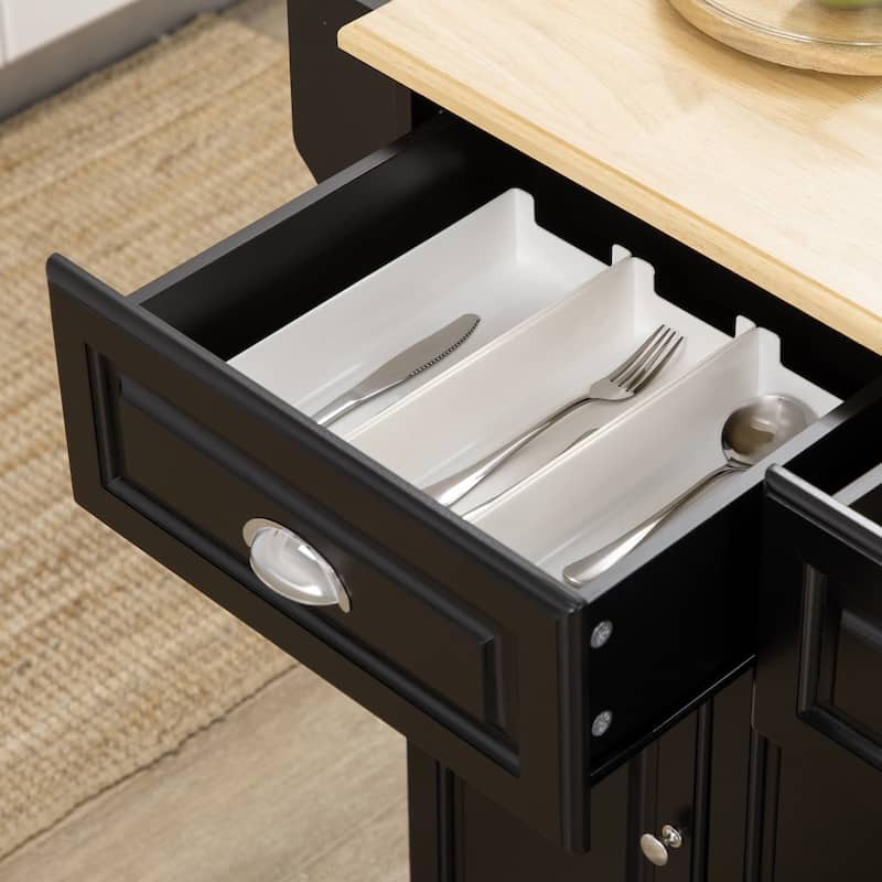 Kitchen Island with Storage, Rolling Kitchen Serving Cart with Rubber Wood Top, Storage Drawer and Cabinet