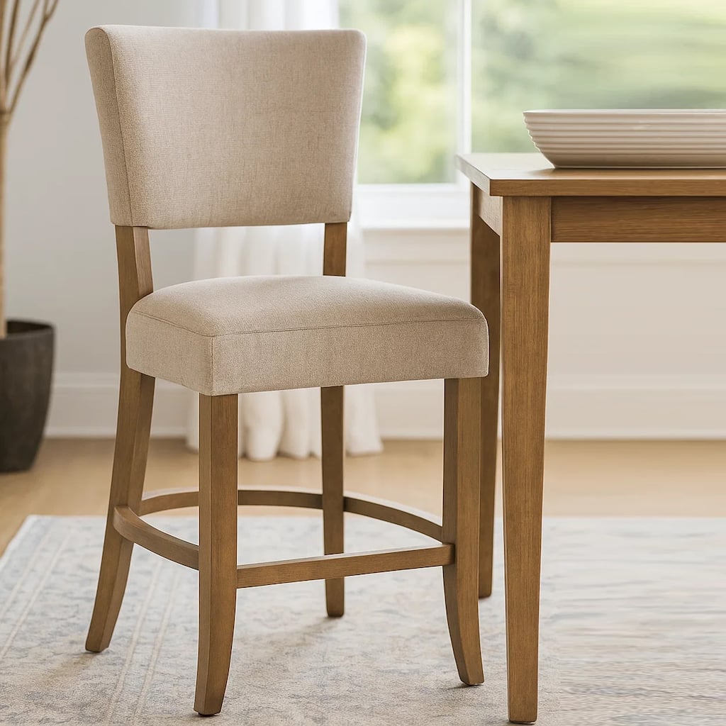 Ryna Counter Stool Chair, Light Gray Fabric, Oak Brown Solid Wood