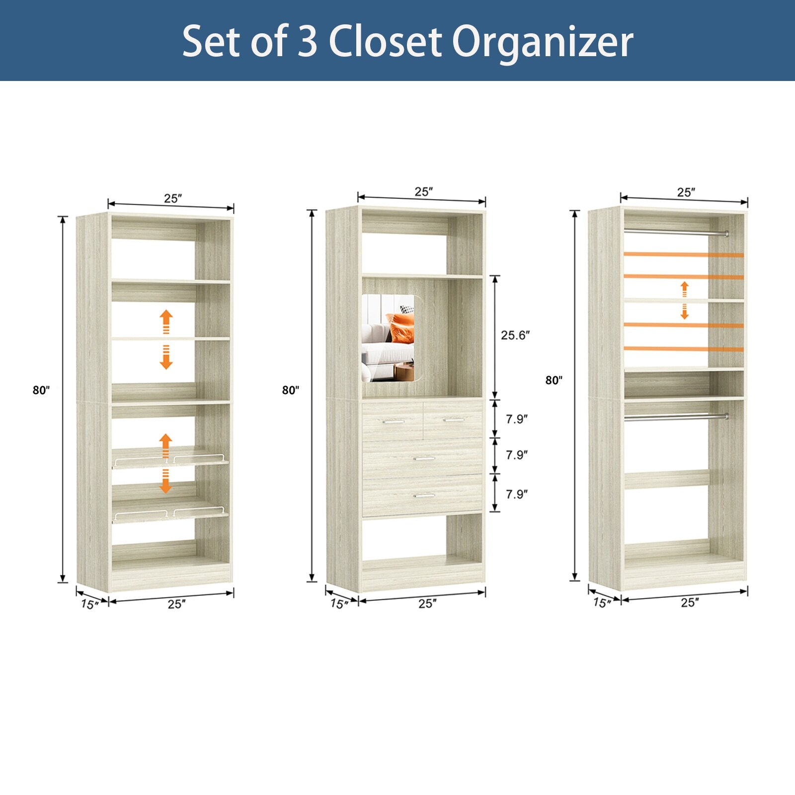 Cimly Set of 3 Freestanding Closet System with Drawers and Shoe Racks, 75'' Closet Organizer with Hanging Rods and Mirror