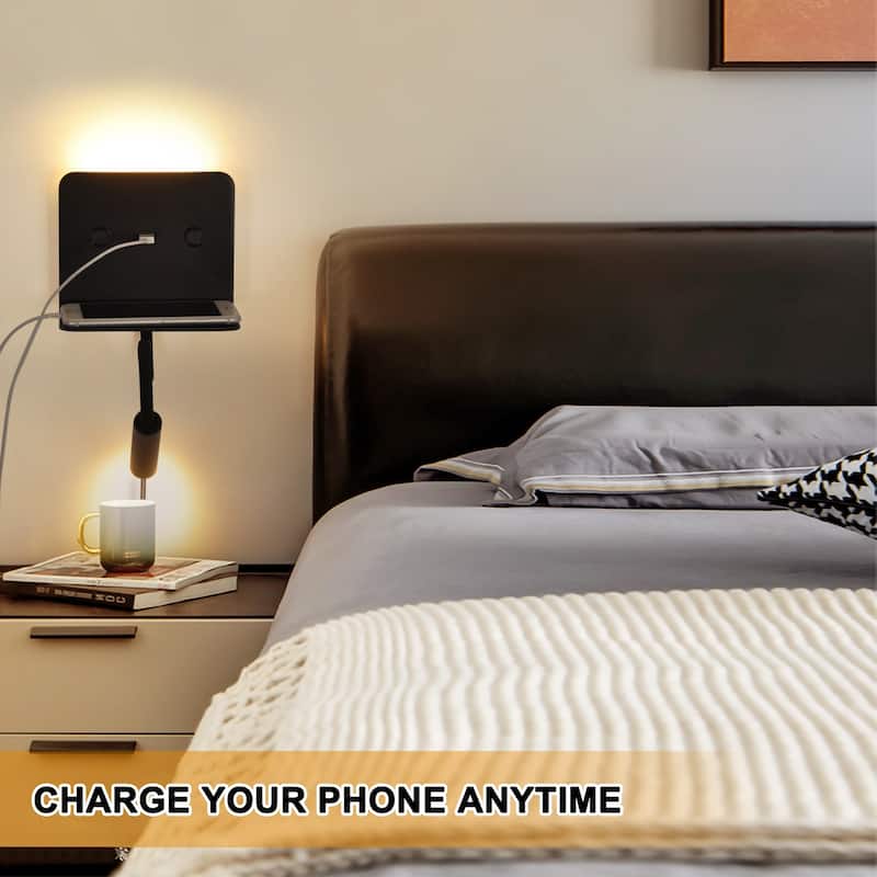 Modern Reading LED Wall Mount Lamp with USB Charging Port Bedside Night Light with Shelf and Swing Arm Gooseneck for Bedroom
