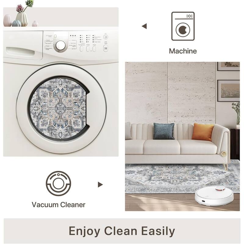 Mcow Vintage Gray Classical Pattern Ultra-Thin Low-Pile 5x7 Non-Slip Washable Area Rug - 5' x 7'