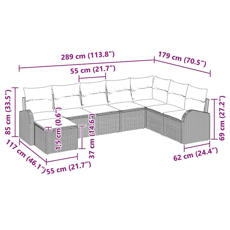 vidaXL 8/9 Garden Sofa Set with Cushions Black/Brown/Grey Poly Rattan - 113.8 x 70.5 x 27.2