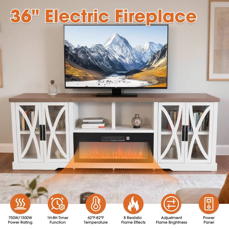 93" Farmhouse White Barn Door Storage Cabinets Fireplace TV Stand with 36" Electric Fireplace for TVs Up to 100"