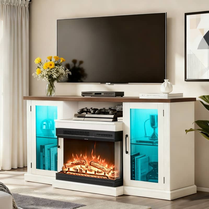 59" Glass Door TV Stand for TVs up to 65" with 24" Electric Fireplace