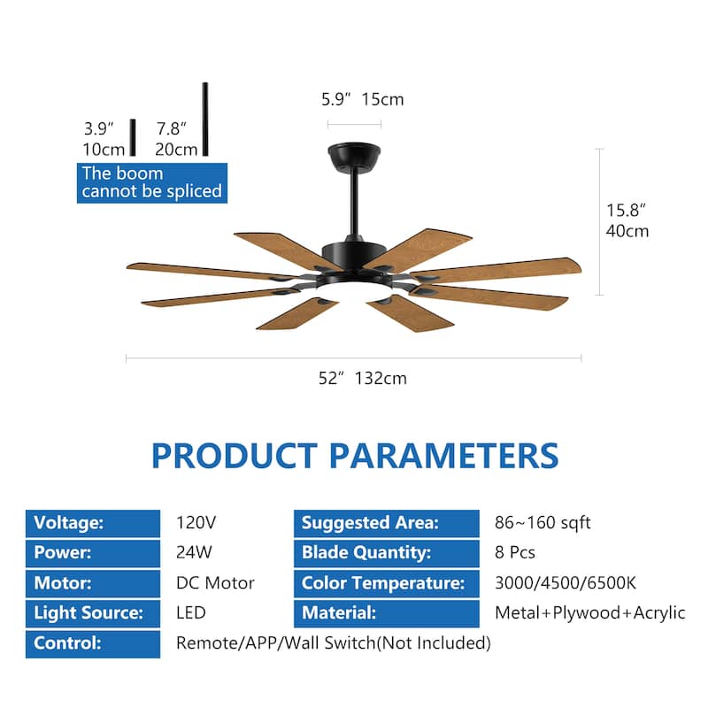 52 Inch Ceiling Fan with Lights and Remote Control, 8 Plywood Blades, 6-Speed Noiseless Reversible DC Motor