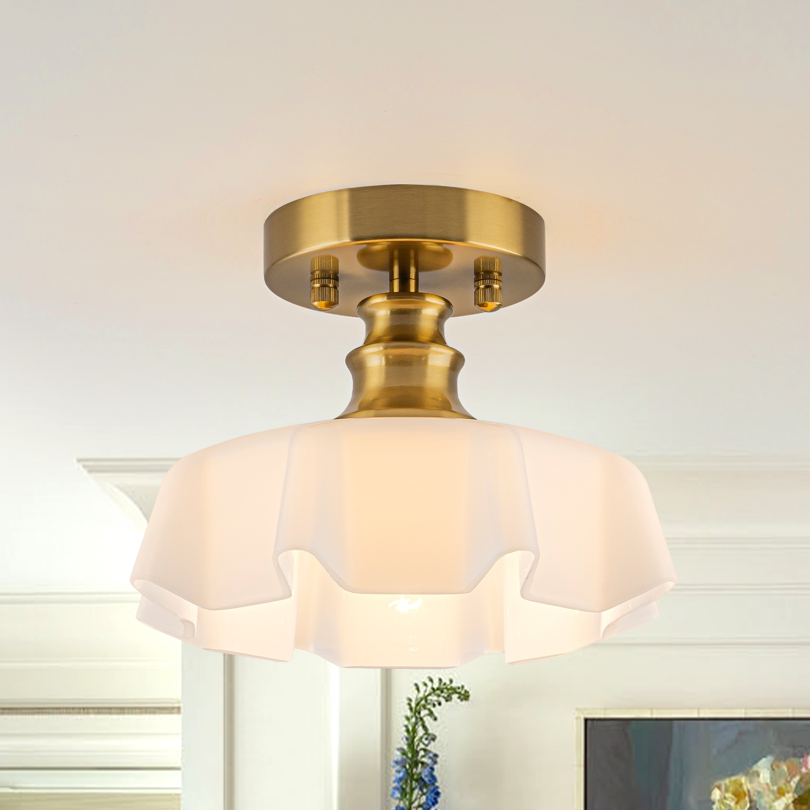 Modern Gold Semi-Flush Mount Ceiling Light White Floral Glass Shade - Dia.9.84 inch