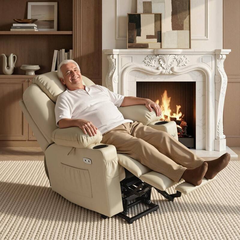 MCombo Large Power Lift Recliner Leather Chair with Massage, Heat, Cup Holders,Extended Footrest, Leather 7516 - Cream