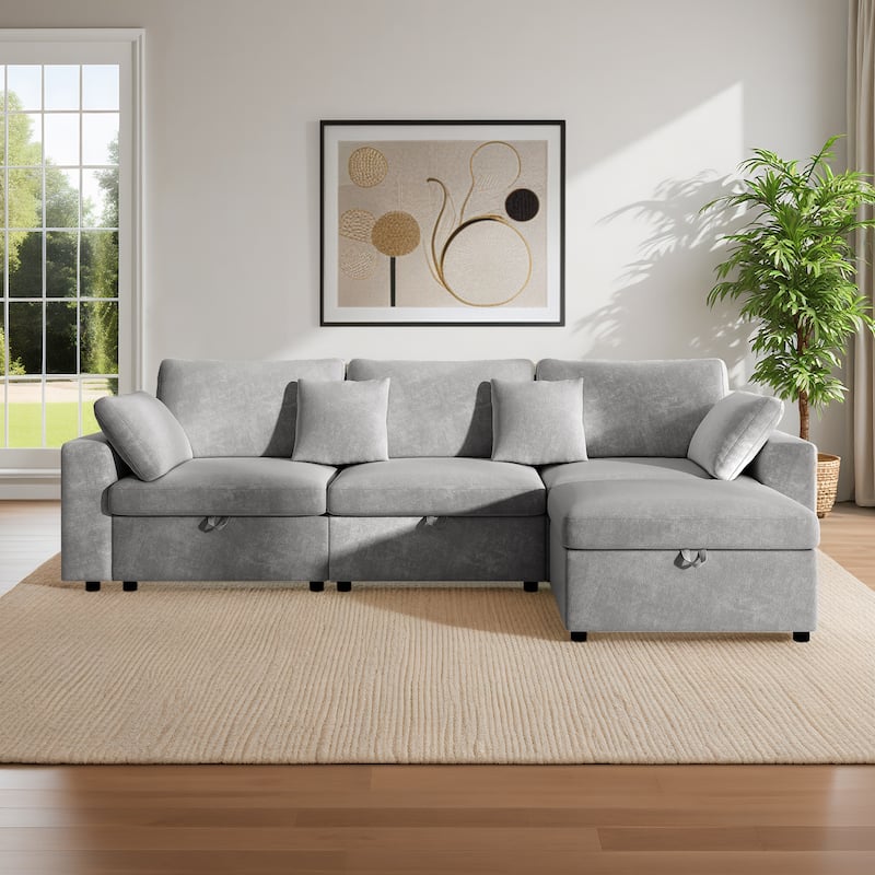 Velvet Upholstered Modular Deep Seating Couches L-shaped Chaise Sectional Sofa with Side Pockets, Storage Ottoman and Seat