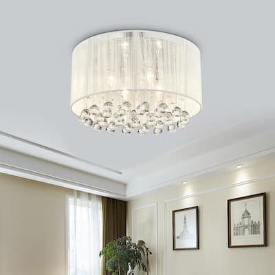 4-Light White Thread and Chrome Flush Mount with Hanging Crystals