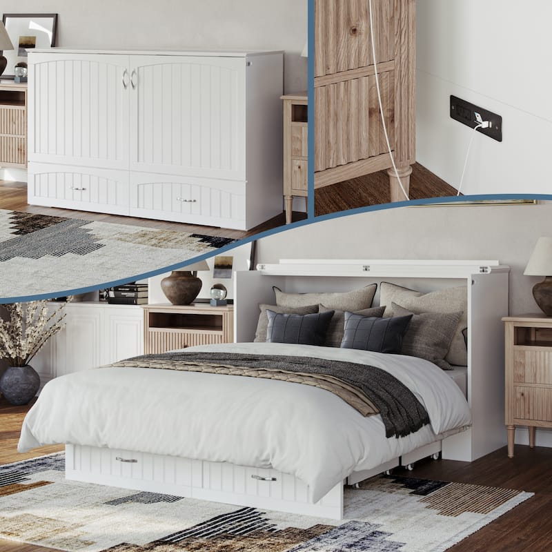 Aspen Queen Murphy Bed Chest with 6" Mattress, Storage Drawer & Built-In Charger in White