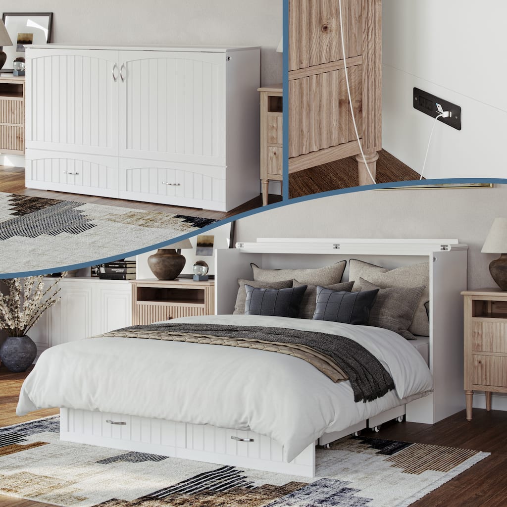 Aspen Queen Murphy Bed Chest with 6" Mattress, Storage Drawer & Built-In Charger in White