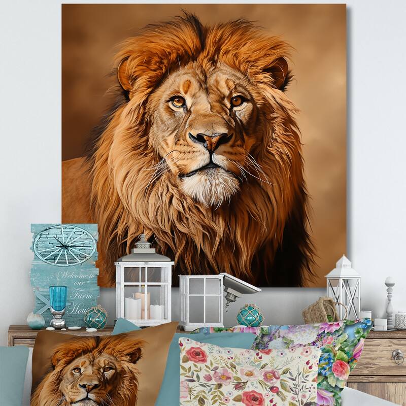 Designart "Golden Royal Lion Portrait II" Lion Wall Art - Modern Wrapped Canvas Wall Decor For Hallway
