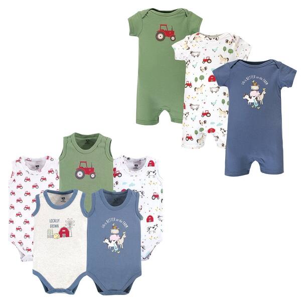 slide 1 of 1, Hudson Baby Infant Boy Cotton Bodysuits and Rompers, 8-Piece, Boy Farm Animals 0 - 3 Months - Green/Blue