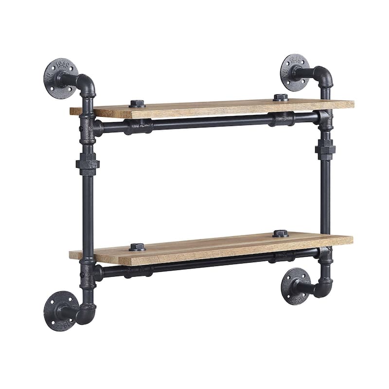 Floating Wood Wall Shelf with Metal Tube in Oak and Sandy Black - Oak/Sandy Black - 2-Tier