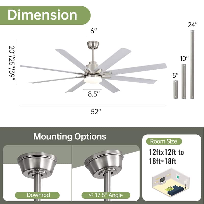 52''/66"/72'' Large Industrial Windmill Smart Ceiling Fan with Light, App and Remote Control, Dimmable LED