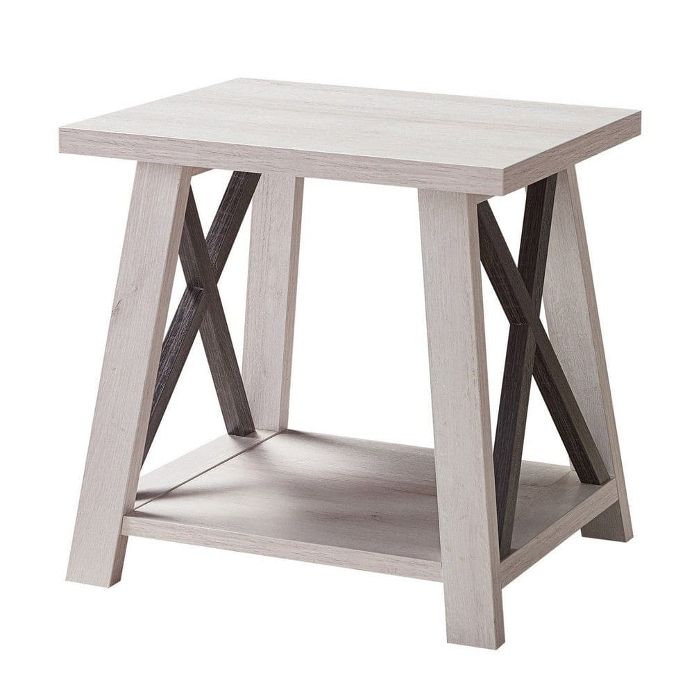 Tess 22 Inch Farmhouse End Table, 1 Shelf, Wood, White Oak, Distressed Grey - 20 L x 22 W x 22 H Inches