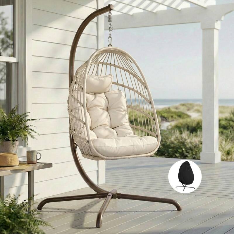 Oversized Wicker Hanging Egg Chair with Stand, Outdoor Indoor Swing Chair with Cushion, 350 lb Capacity - Beige/Cover