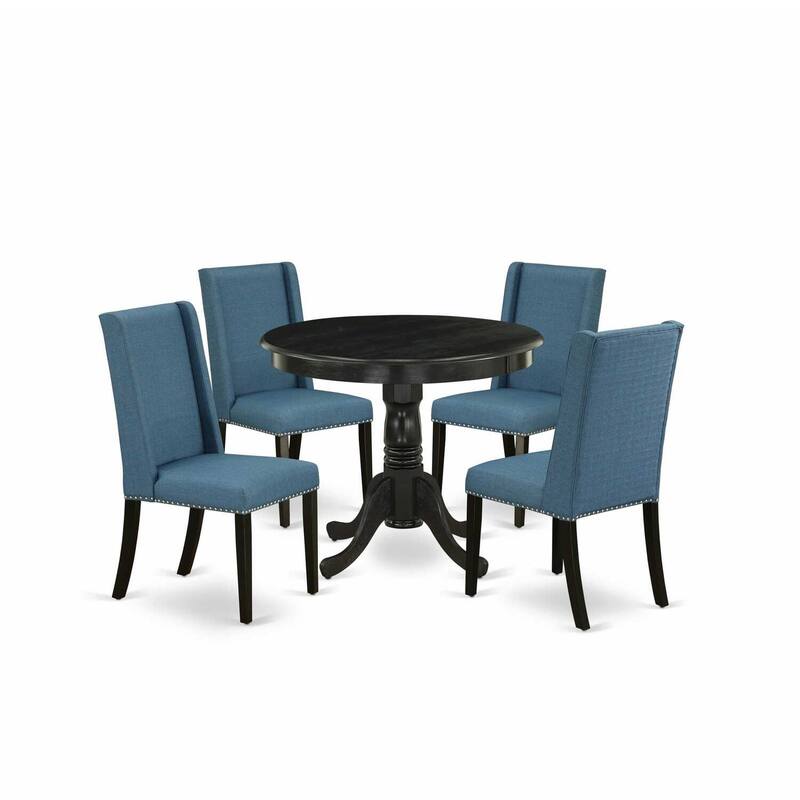 HomeStock 5-Piece Round Wirebrushed Black Finish Solid Wood Top Dining table with 4-Chairs with Lattice Back