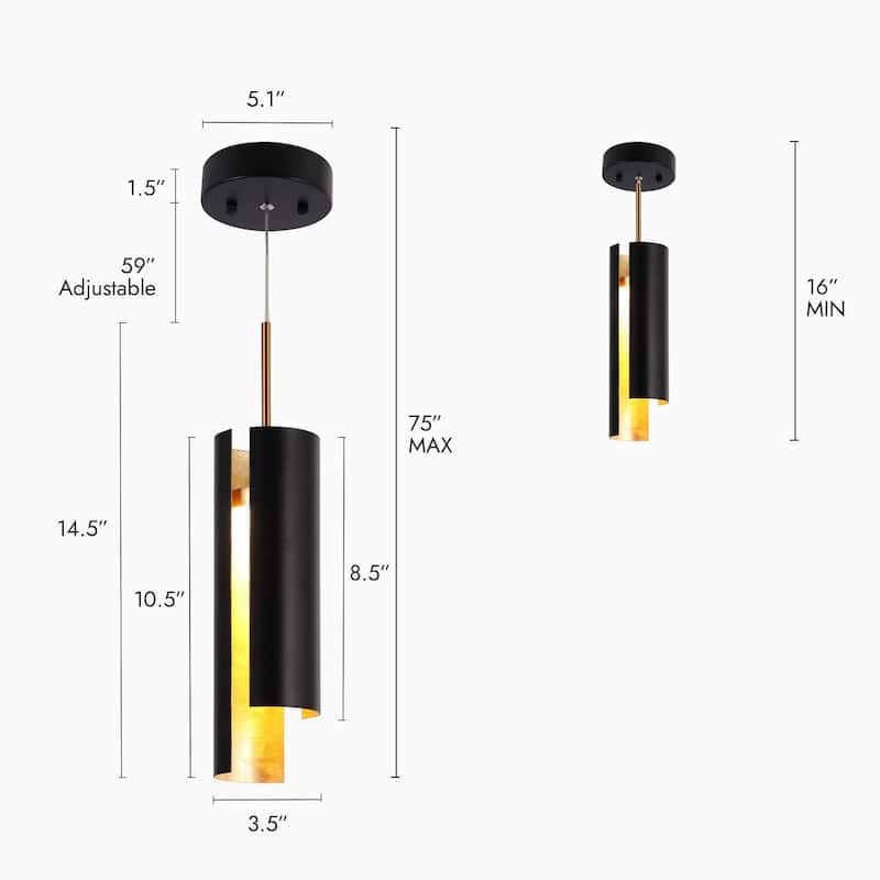 1-Light Modern LED Black Gold Kitchen Island Pendant Lights for Dining Room - 3.5" D x 14.5" H