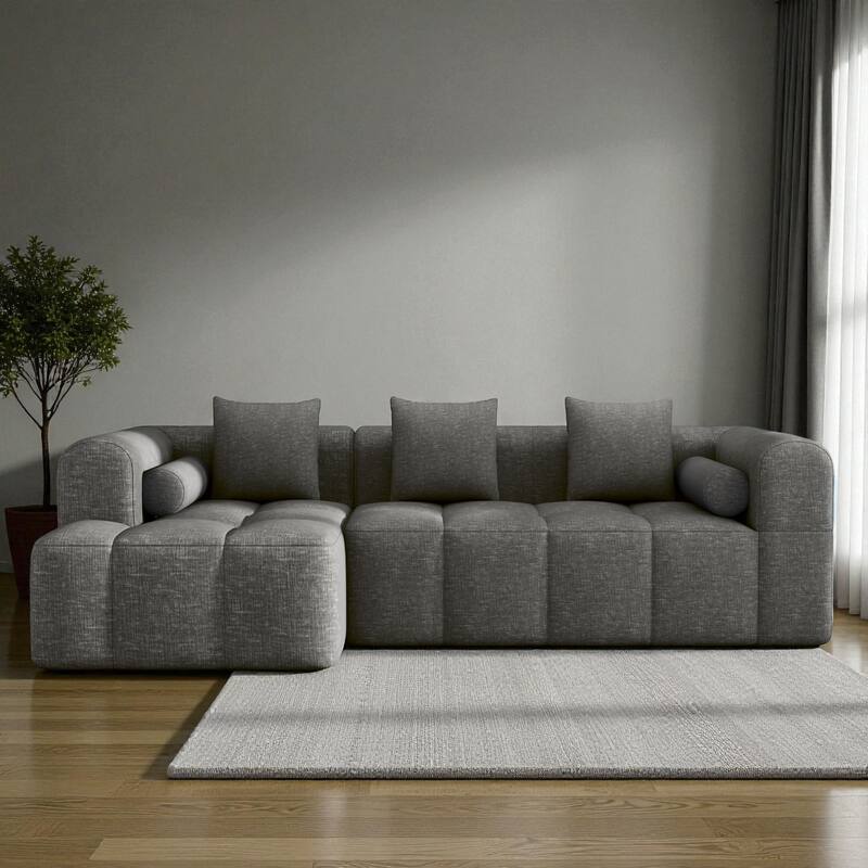 101.2" Modular Sectional Sofa Full-Foam Compressed Couch with Deep Seating Side Pockets Square & Bolster Pillows - Grey