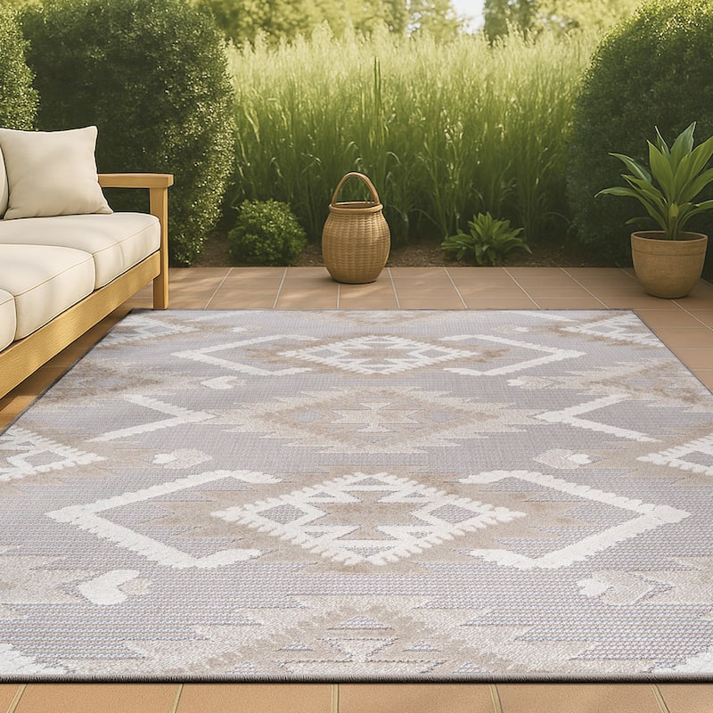 JONATHAN Y Duwun High-Low Pile Neutral Diamond Kilim Indoor/Outdoor Area Rug