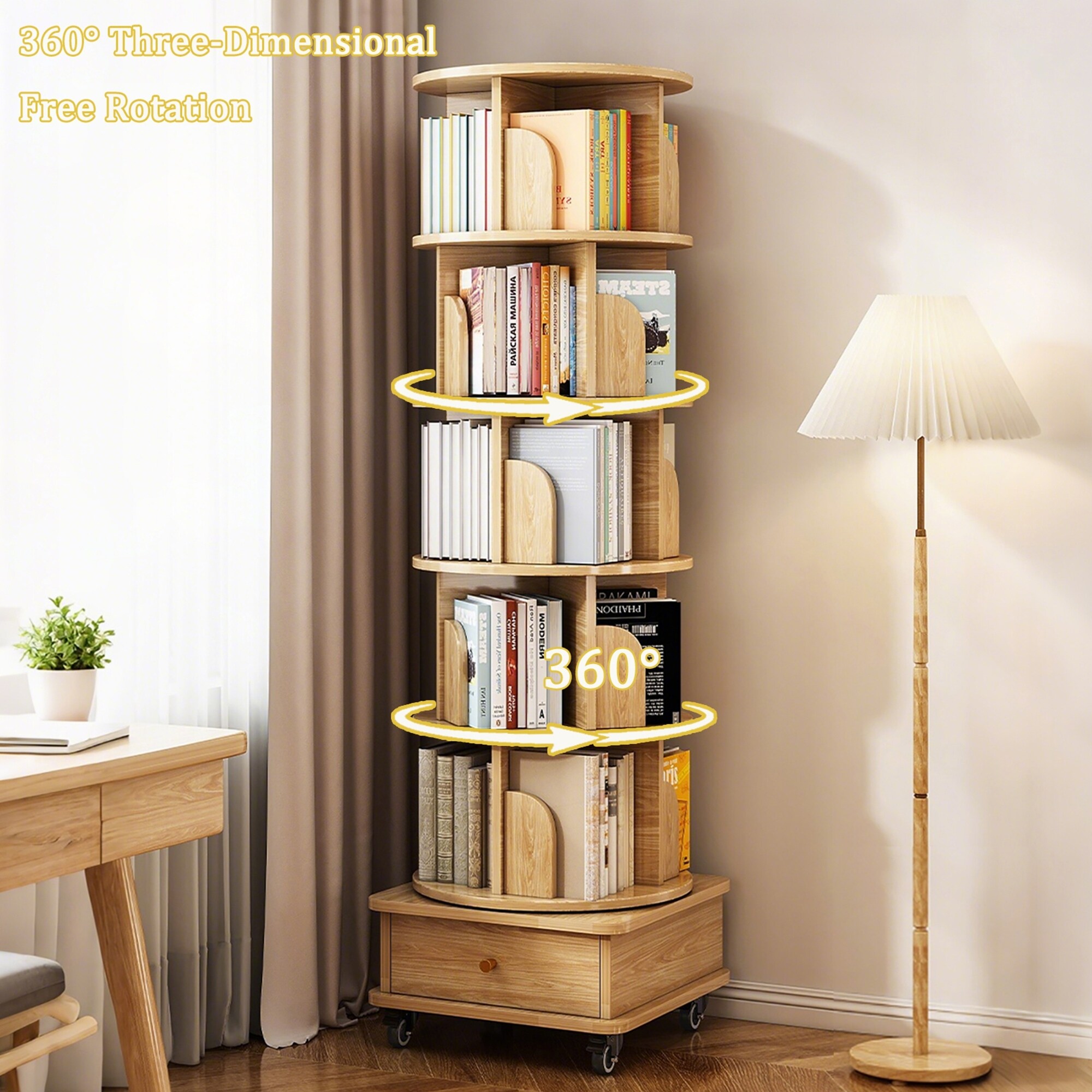 6 Tier Display Round Spinning Bookshelf with Wheels,Wood Color