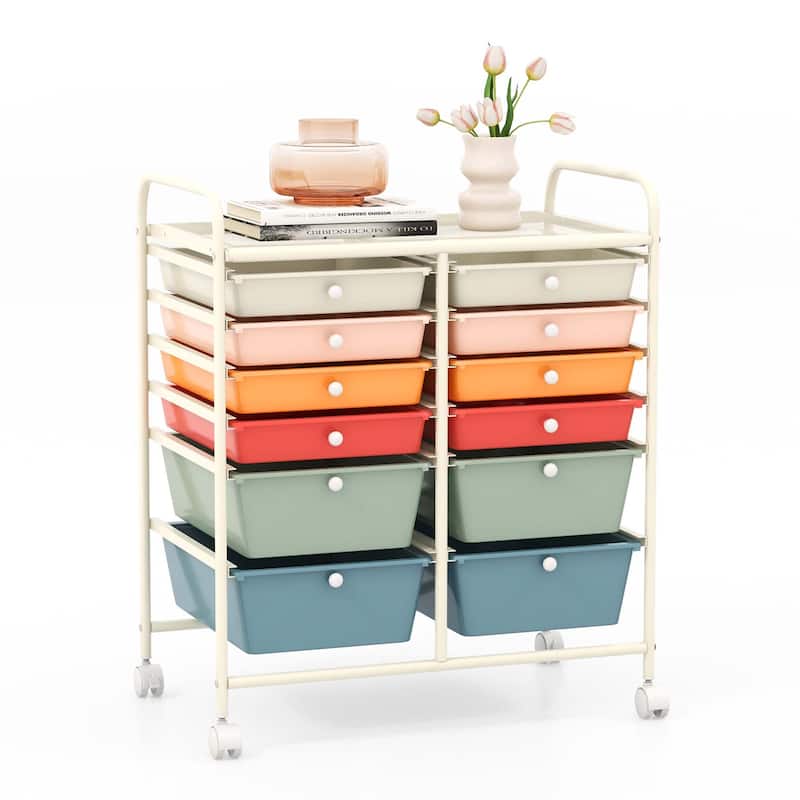 12-Drawers Rolling Storage Cart with Organizer Top - See Details - Macaron