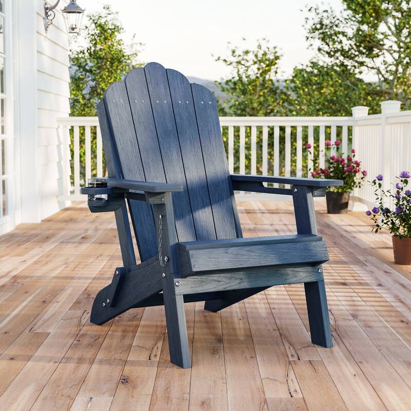 Foldable HDPE Adirondack Chair All-Weather W/ Cup Holder - NavyBlue - 1-Piece