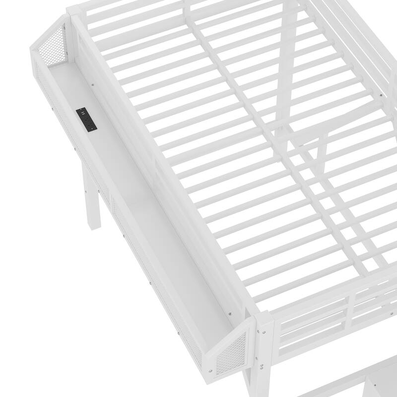 Twin XL Loft Bed with Storage Stairs, Shelves and Built-in Wardrobe, Metal Loft Bed Frame with USB Ports and LED Lights