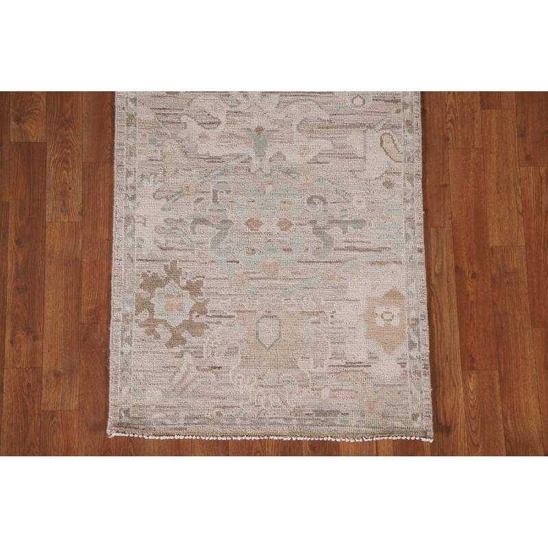 Hand Knotted Oriental 100% Wool Carpet Transitional All-Over Beige & Ivories Oushak Runner Rug - 13' 4'' X 2' 5''