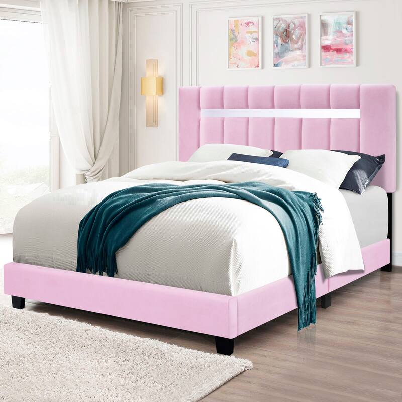 Pink Modern Velvet Upholstered Platform Bed with Adjustable Features for Bedroom - Pink
