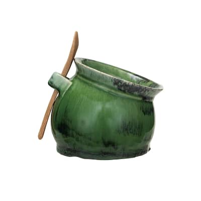 Stoneware Salt Dish with Acacia Wood Spoon - 4.9"L x 4.8"W x 3.9"H - 4.9"L x 4.8"W x 3.9"H