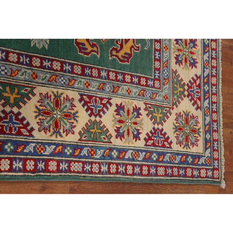 Green Geometric Kazak Oriental Area Rug Handmade Bedroom Wool Carpet - 5'0" x 6'7"