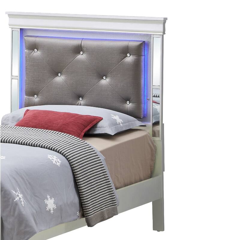 Jewel Tufted Upholstered Panel Twin Bed with LED Light - 80" - Silver Champagne