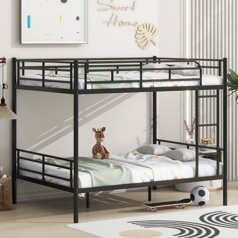 Bunk Bed Frame with Ladder and Guardrail, White Black Optional - Full over Full - Black