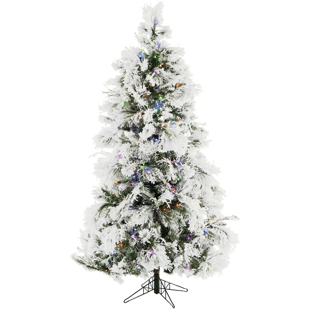 Fraser Hill Farm 12-Foot Flocked Snowy Pine Christmas Tree with Multicolor LED String Lighting