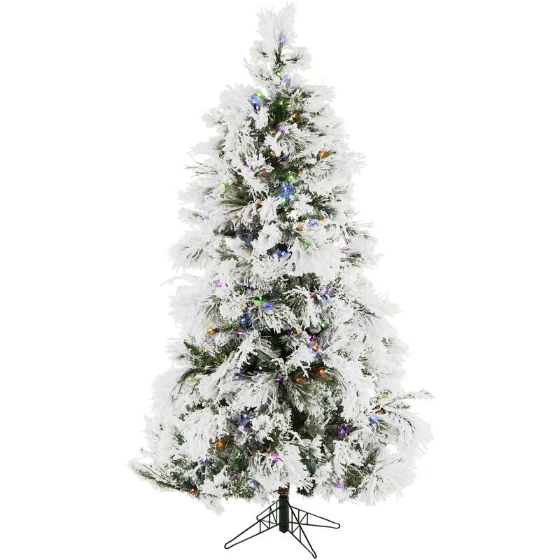 Fraser Hill Farm 6.5-feet Flocked Snowy Pine Christmas Tree with Multi-Color LED String Lighting
