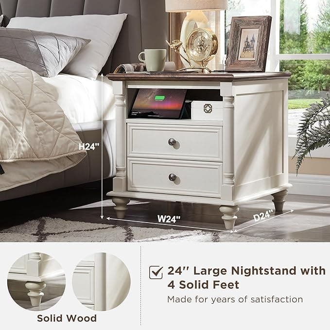 Farmhouse End Table, Sofa Side Table with Charging Station, Nightstand