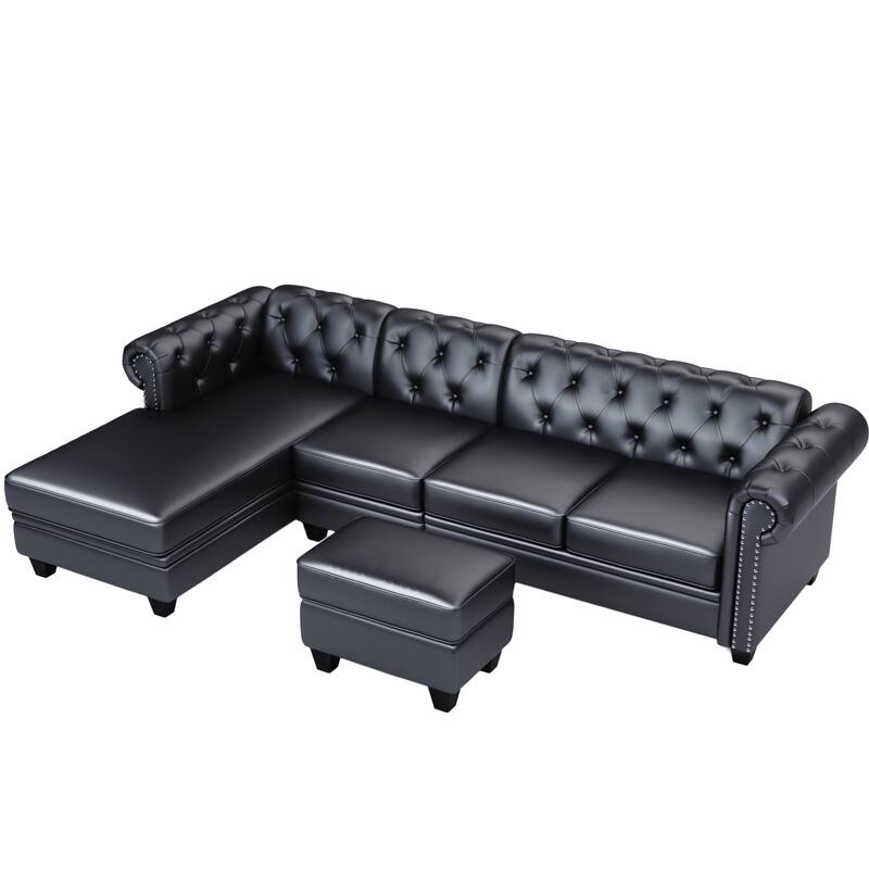 116" Chesterfield Sectional Sofa Set, PU Leather 4-Seat Living Room Set with Storage Ottoman ,Nailheaded
